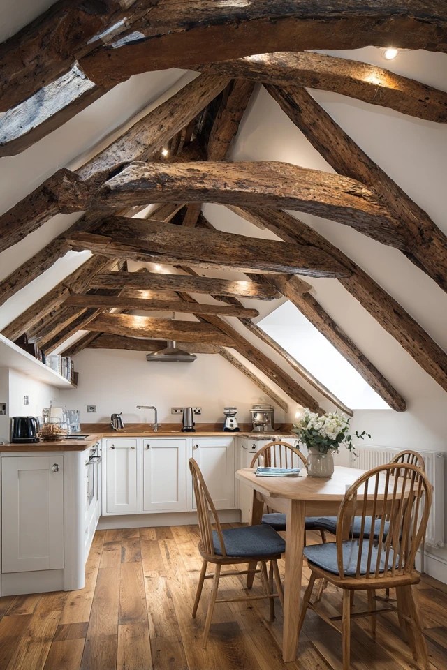 Slim apartment-sized refrigerator and compact range fitting within the limited attic kitchen footprint
