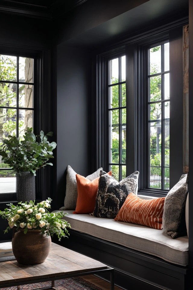 Bold black window frames creating strong graphic architectural lines in a dramatic moody sunroom
