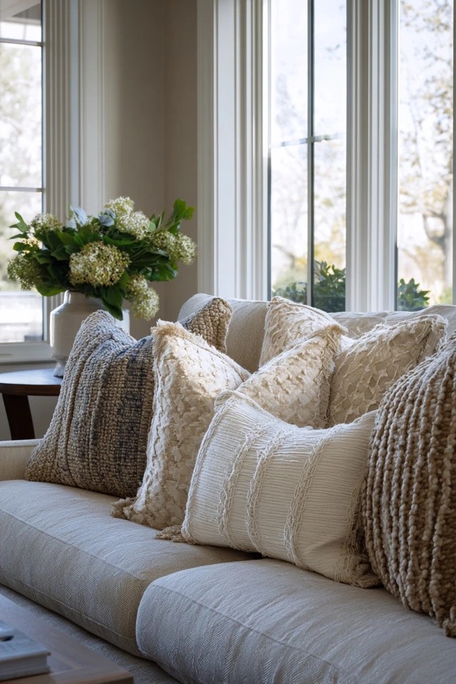Layered throw pillows and blankets in varied textures creating inviting softness in a sunroom living room