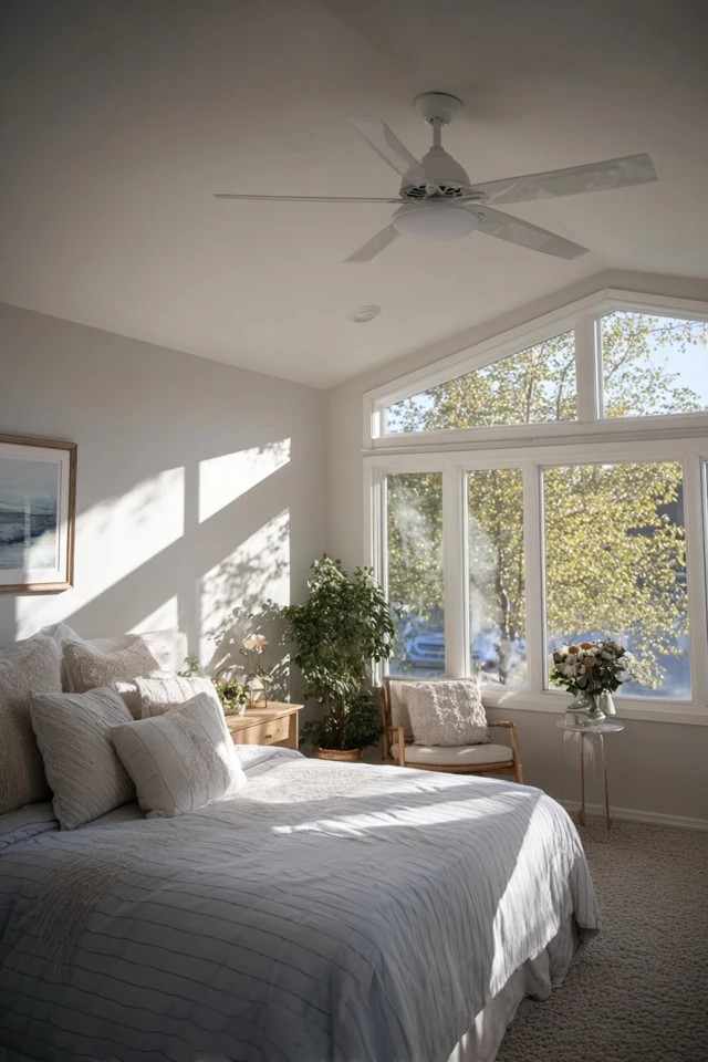 Linen and cotton bedding in natural fibres creating breathable comfortable sleep textiles in a sunroom bedroom