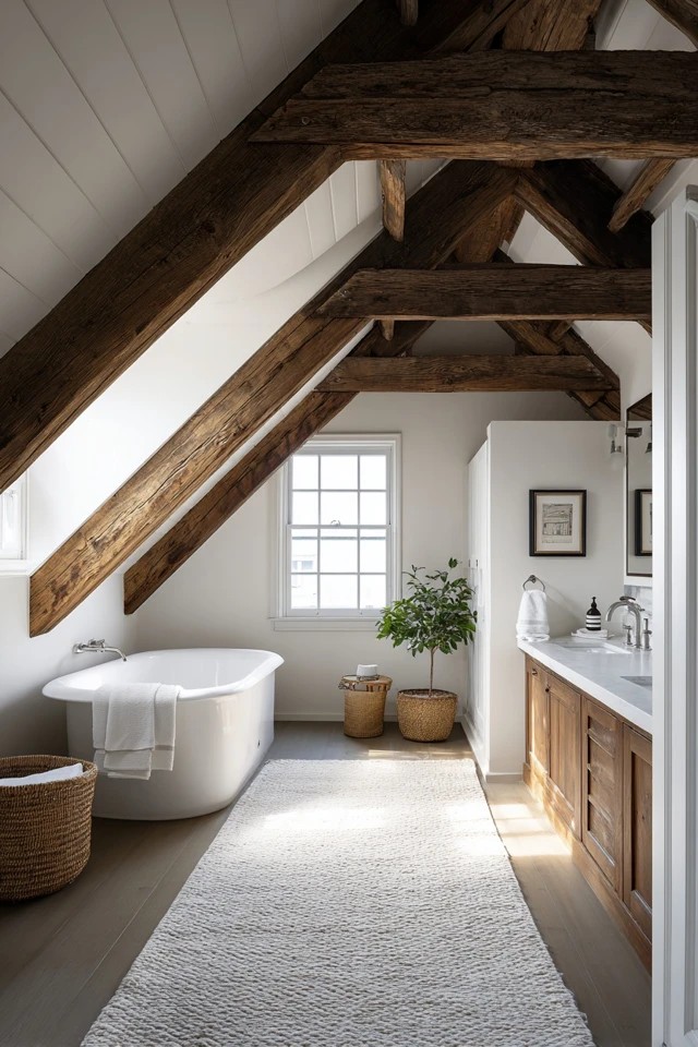 Classic pedestal sink freeing floor space beneath the sloped ceiling in a compact attic bathroom