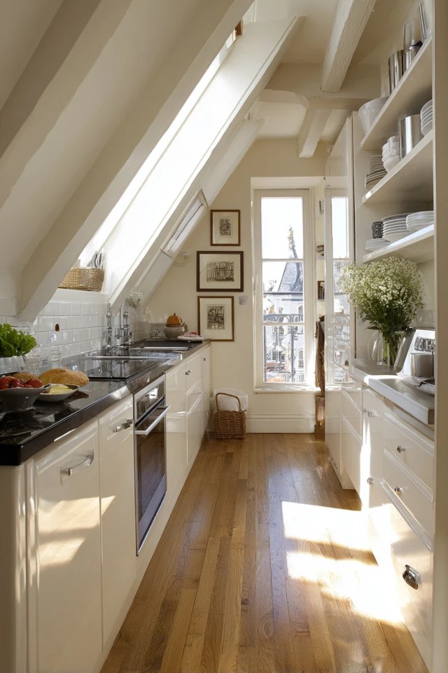 Compact shower bathroom fitted beneath the sloped attic ceiling with custom cabinetry for full attic apartment amenities