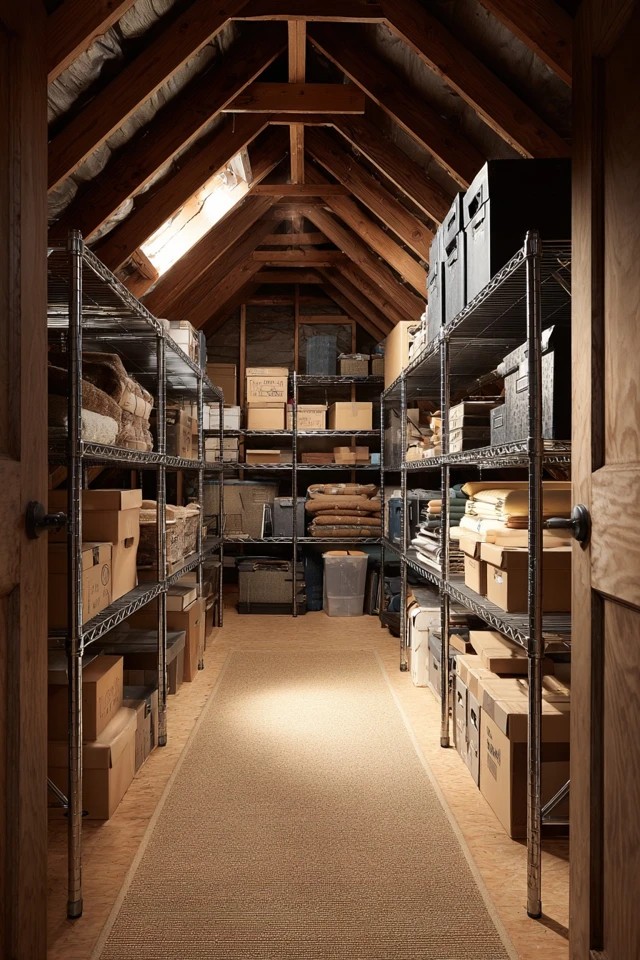 Pegboard with hooks and bins organising tools and supplies on an attic workshop wall