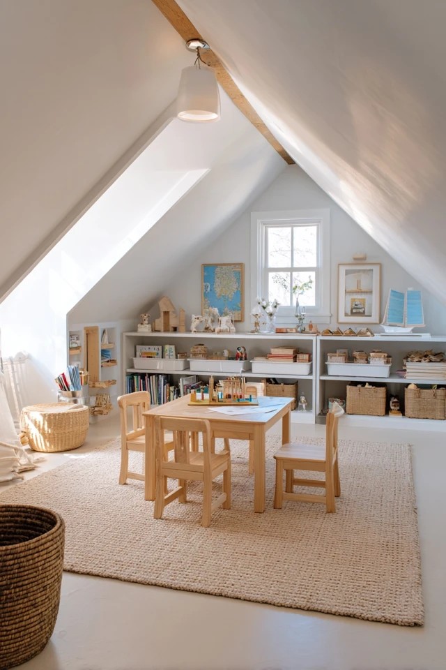 Small indoor climbing structure secured beneath the attic slope providing gross motor physical play in the playroom