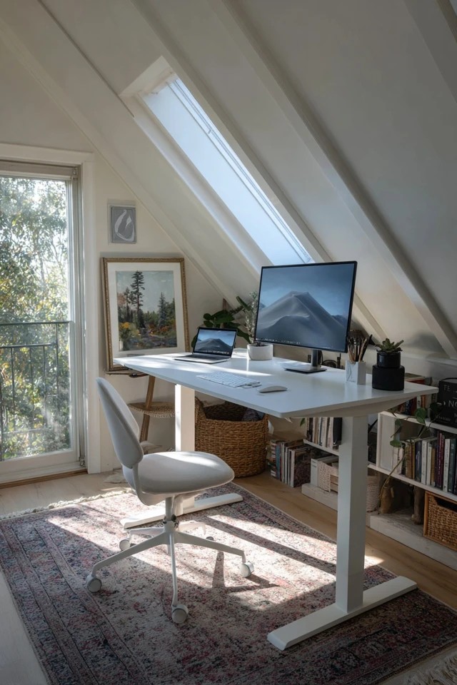 Lateral filing cabinet fitting under the attic eave providing accessible document storage in the home office