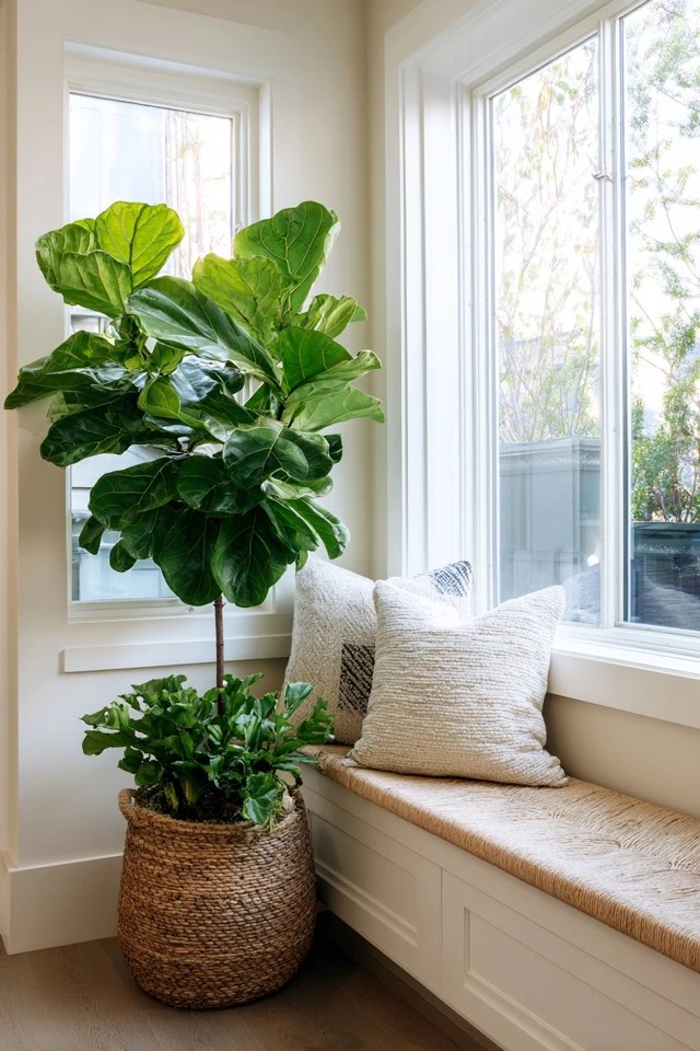 Simple white sheer curtain panels allowing maximum natural light in a bright small sunroom