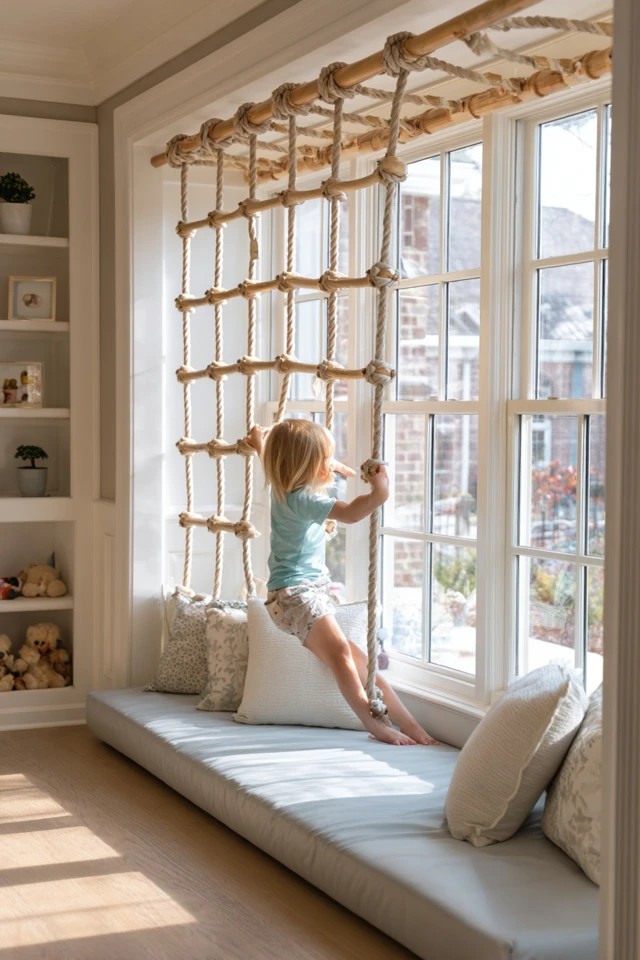 Age-appropriate indoor climbing structure with soft landing mats in an active sunroom playroom