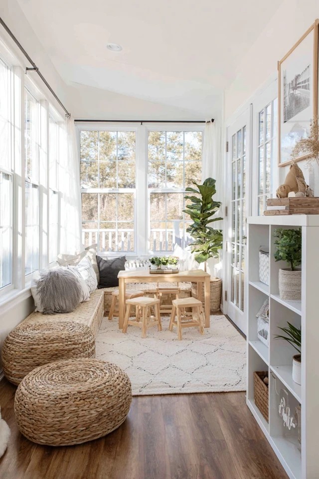 Hooks and labeled bins holding costumes with a mirror creating a dress-up corner in a sunroom playroom