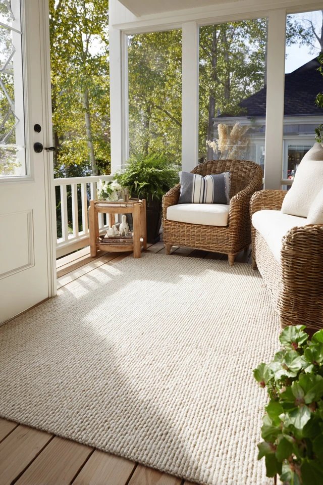 Wool or natural fibre area rug anchoring the reading chair and side table in a comfortable sunroom library