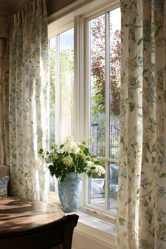 Blue and white striped curtain panels creating classic coastal graphic pattern in a sunroom