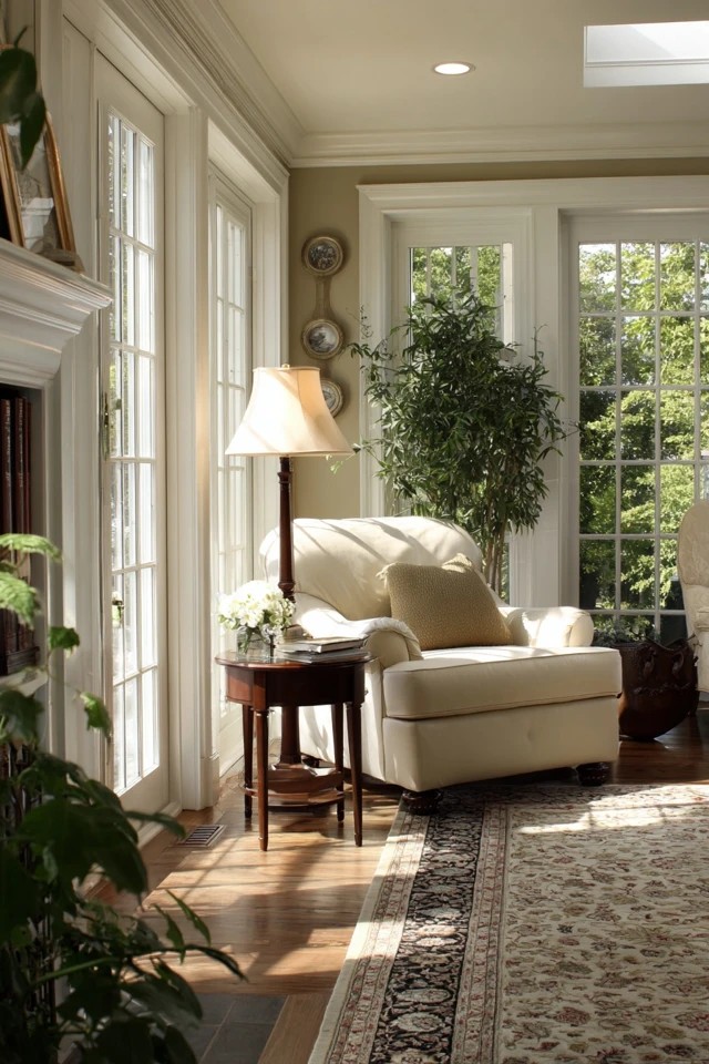 Standing floor lamp providing warm evening supplemental lighting in a multi-use sunroom living room