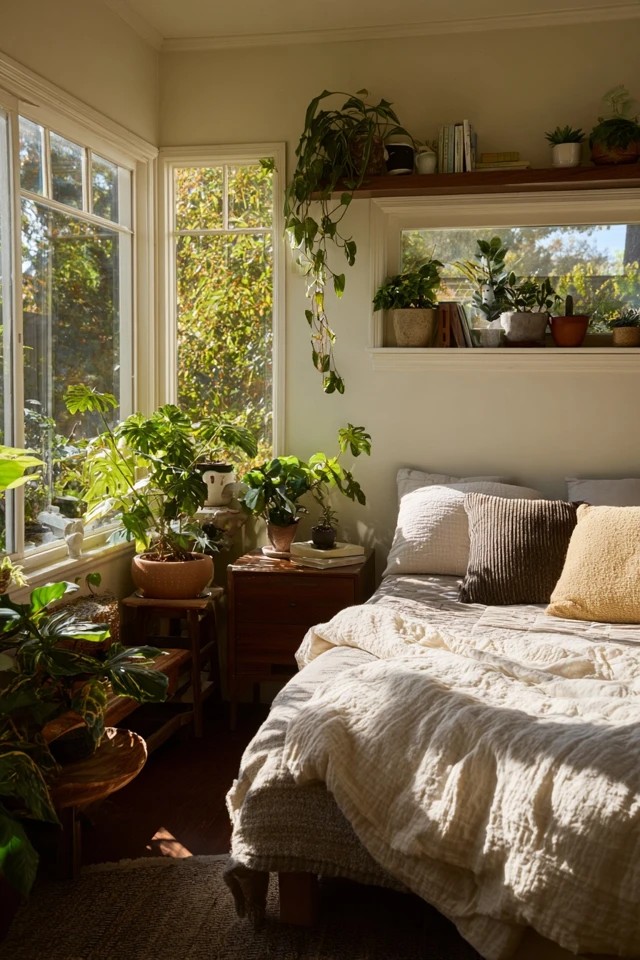 Wall-mounted sconces flanking the bed providing directed reading light and freeing nightstand space in a sunroom bedroom