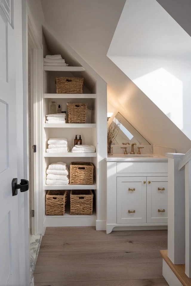 Classic black and white hexagonal floor tiles creating vintage patterned foundation in a period-inspired attic bathroom