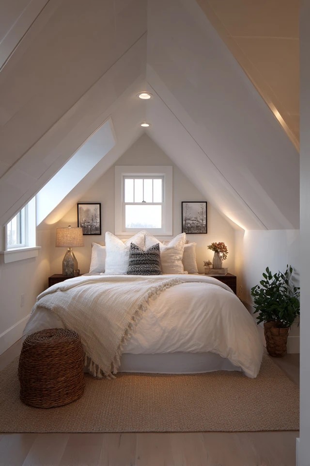 Minimal essential furniture keeping the attic bedroom floor clear and open for an uncluttered calm atmosphere
