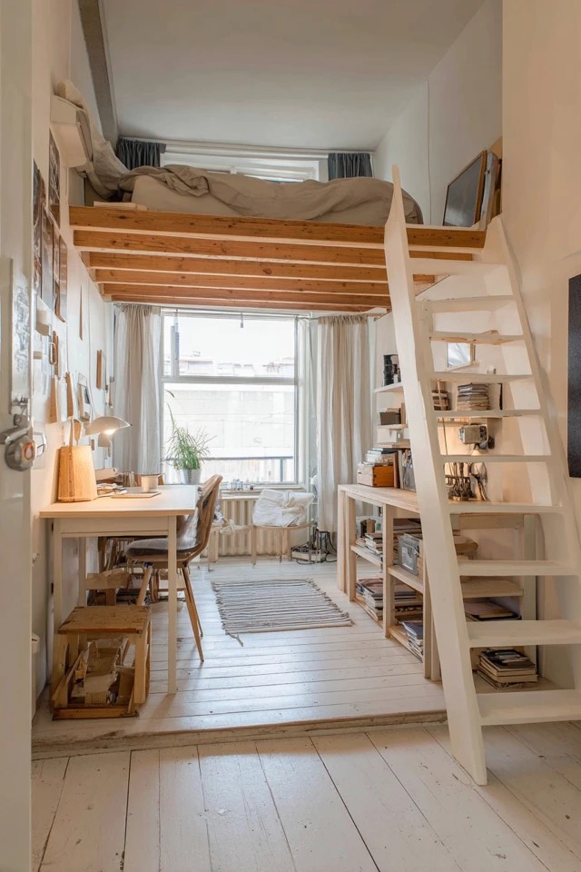 Minimal essential furniture keeping attic apartment floors clear and the space feeling open and calm