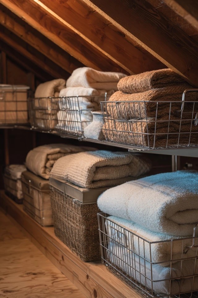 Vacuum-sealed compression bags storing bulky seasonal items in a compact attic storage solution