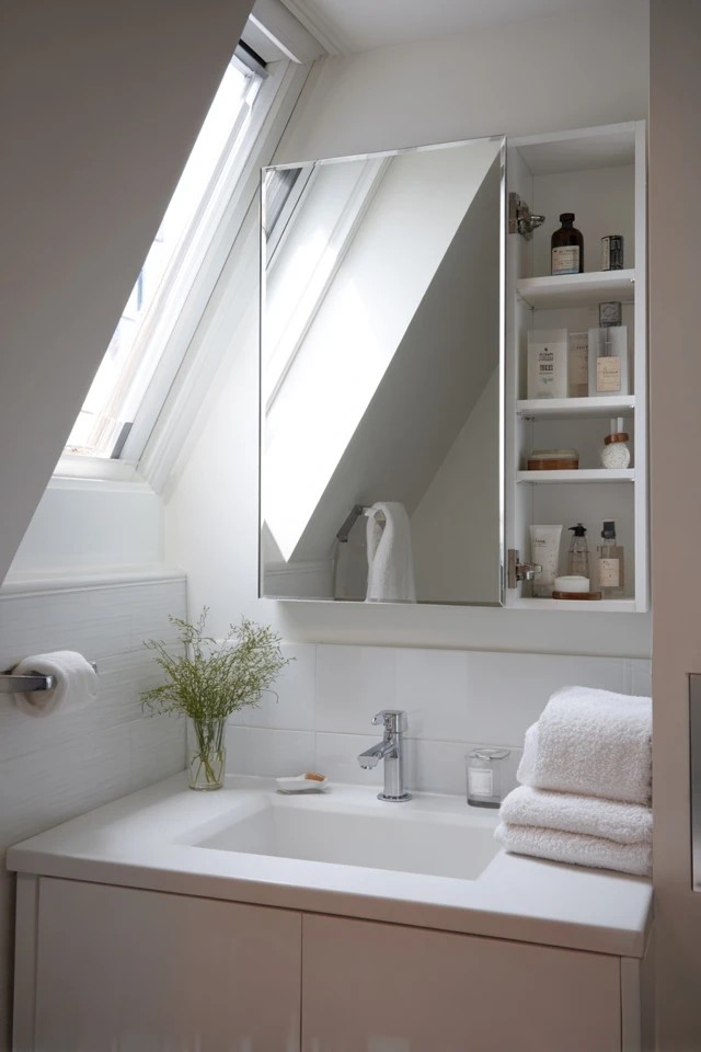 Classic hexagonal floor tiles in black and white creating vintage pattern character in a small attic bathroom