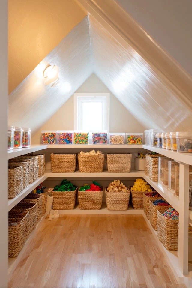Costume hanging rod, hooks, and child-height mirror creating an imaginative dress-up corner in an attic playroom
