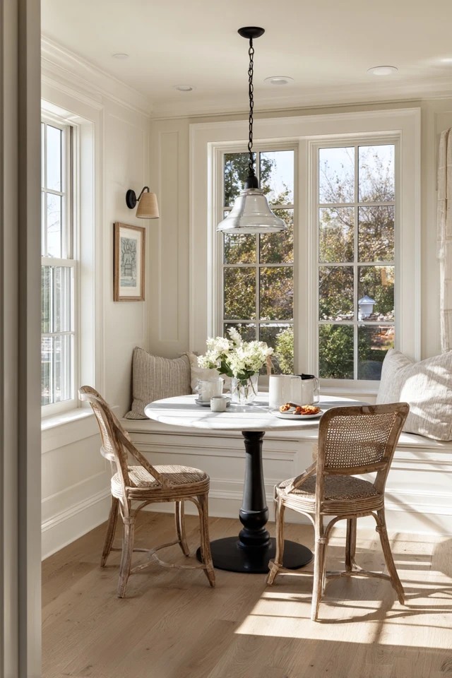 Round pedestal table with two chairs allowing easy circulation in a small sunroom