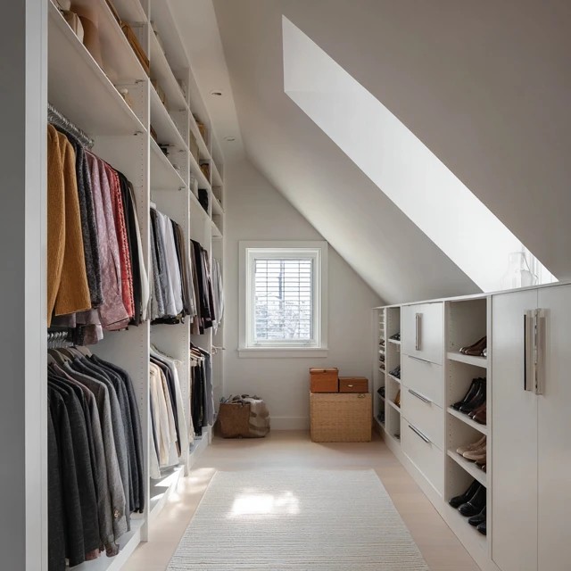 Floor-to-ceiling built-in wardrobes fitted along attic bedroom knee walls creating maximum clothing storage
