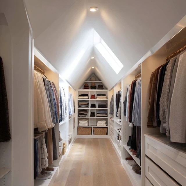 Floor-to-ceiling built-in wardrobes lining both walls of an attic walk-in closet with a centre aisle