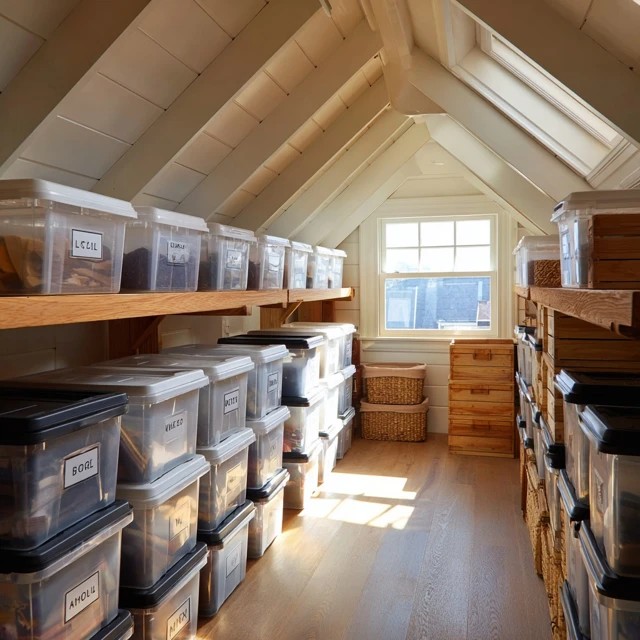 Clear plastic storage bins with visible labels creating a systematic organised attic storage system