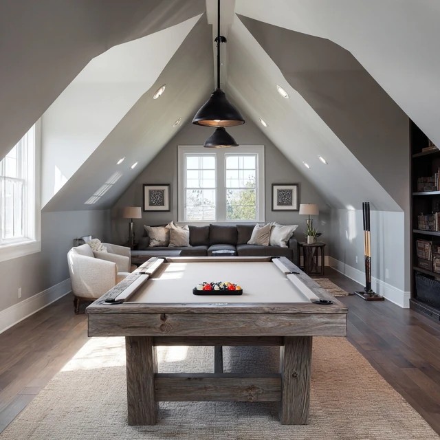Full-size pool table positioned beneath the highest attic ceiling point with pendant lighting overhead