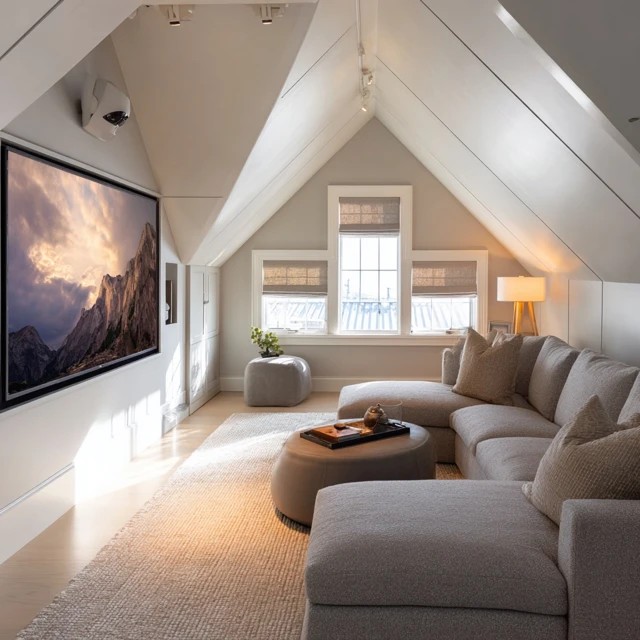 Large wall-mounted television positioned at the highest ceiling point creating the media focal point in an attic TV room