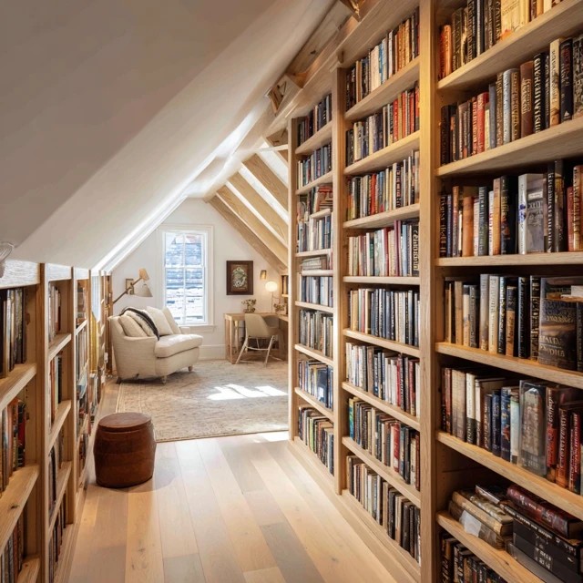 Floor-to-ceiling built-in bookshelves spanning the attic walls creating maximum book storage capacity