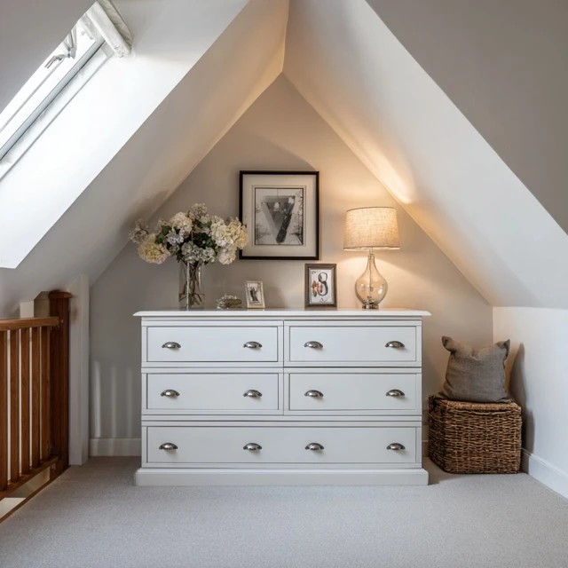 Wall-mounted hooks holding robes, bags, and frequently used items in an attic bedroom without consuming floor space