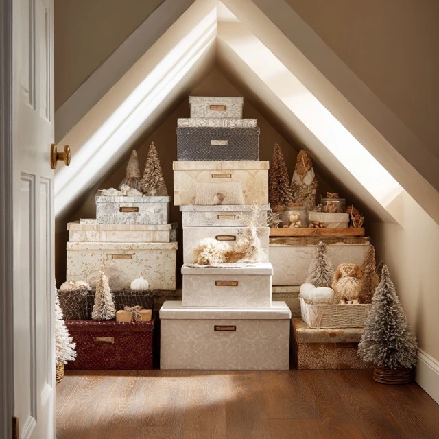 Vacuum-sealed compression bags reducing bulk of linens and seasonal clothing in a compact attic storage system