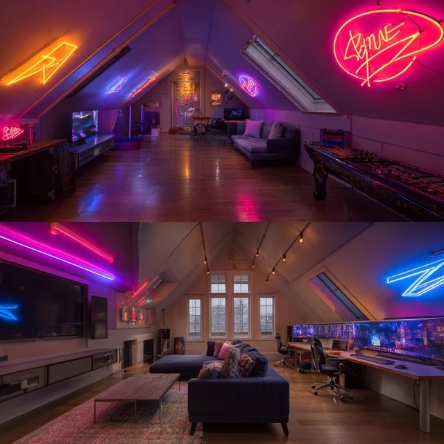Neon signs and warm string lights creating vibrant playful atmosphere in an attic game room at evening