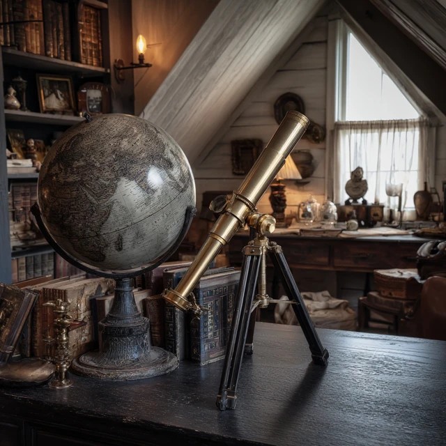 Vintage globe and brass telescope as scholarly decorative objects on the attic library desk and shelves