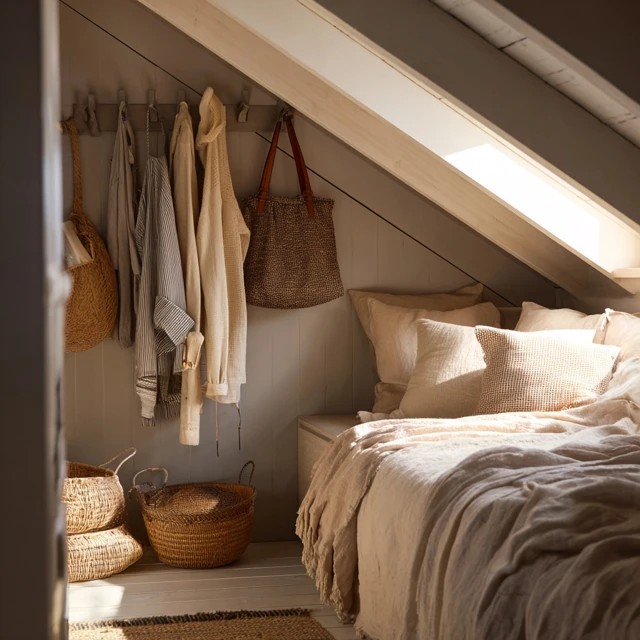Labelled woven baskets on attic bedroom shelves providing flexible storage for sweaters and accessories