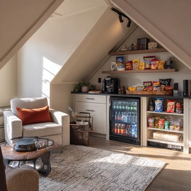 Gaming console connected to the TV with organised controller storage in an attic TV room