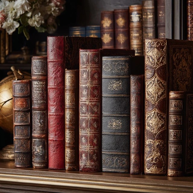 Leather-bound classic volumes with gold embossing displayed prominently in an attic library for vintage elegance