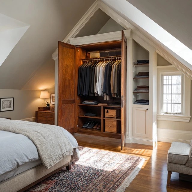 Classic freestanding armoire providing traditional concealed wardrobe storage in an attic bedroom