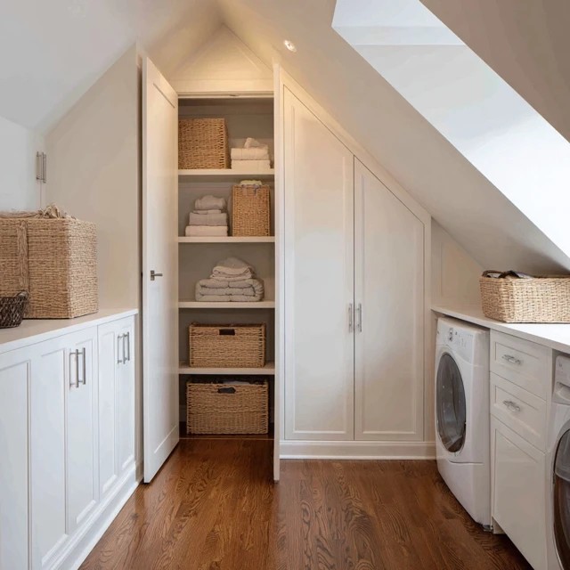 Pull-out laundry hamper built into the wardrobe cabinetry concealing dirty clothes in the attic walk-in closet