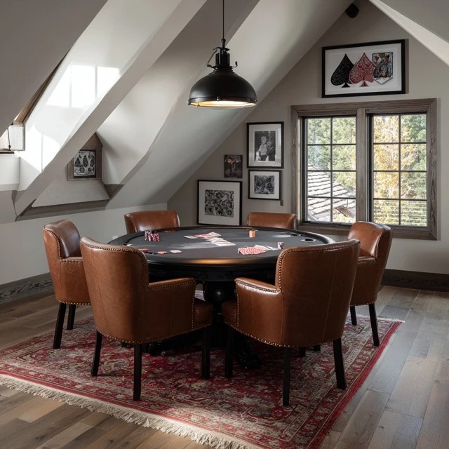 Turntable and speaker system with displayed vinyl collection creating a retro music corner in an attic game room