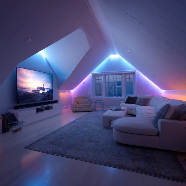 Ceiling-mounted projector displaying onto a pull-down screen creating a large home cinema in an attic TV room