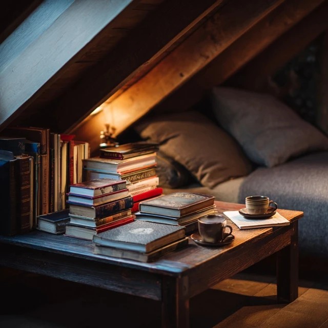 Small side table beside the reading chair holding current books and a cup of tea in an attic library