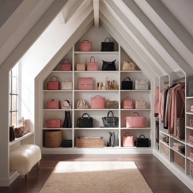Original exposed wood beams overhead adding rustic warmth and structural beauty to an attic walk-in closet