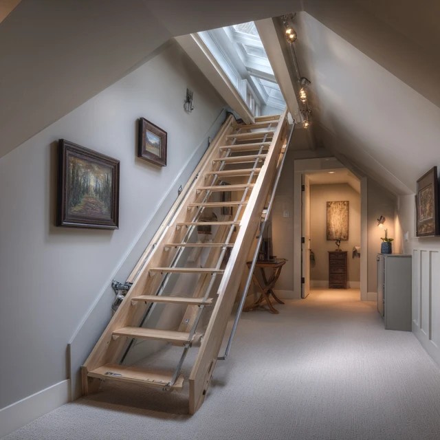 Spring-loaded pull-down attic stairs providing safe two-handed access to the organised attic storage space
