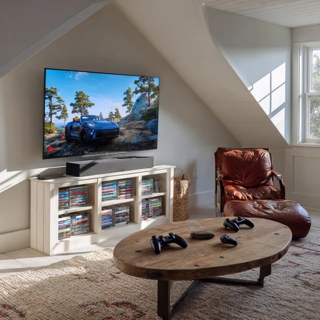 Colour-changing LED strip lights behind the TV and along the room edges creating mood atmosphere in an attic TV room