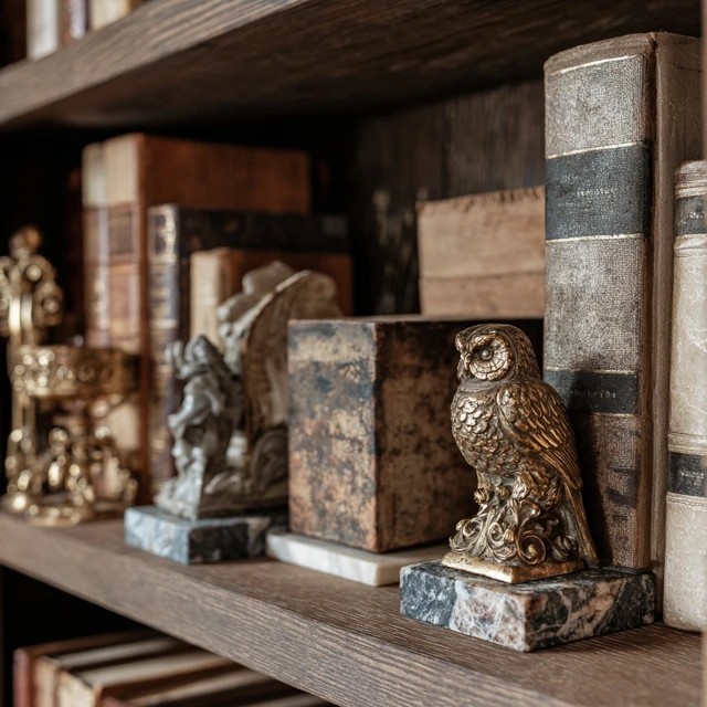 Potted plants interspersed with books on attic library shelves adding living botanical accents to the collection