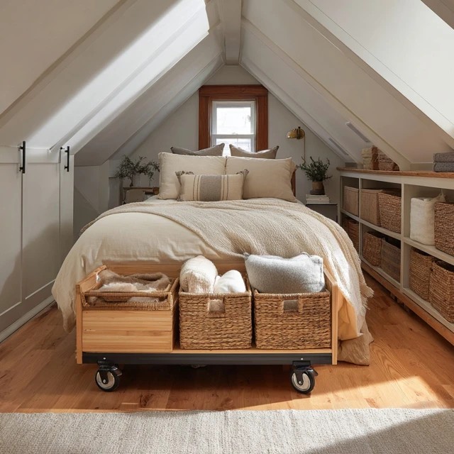 Wheeled rolling cart providing mobile flexible additional storage in an attic bedroom