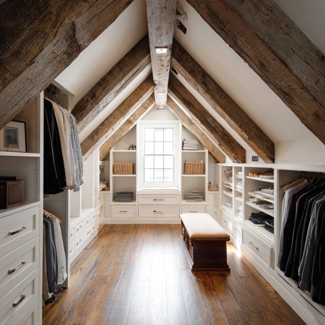 Open shelving displaying handbag collection boutique-style on an attic walk-in closet wall