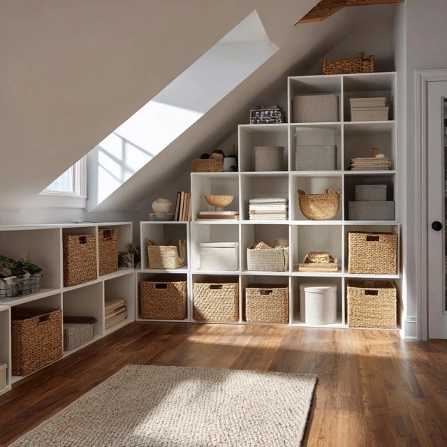 Stackable modular cube storage units creating flexible reconfigurable attic organisation with visual order