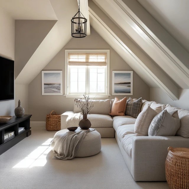 Large comfortable bean bag chairs providing casual relaxed viewing seating in an attic TV room
