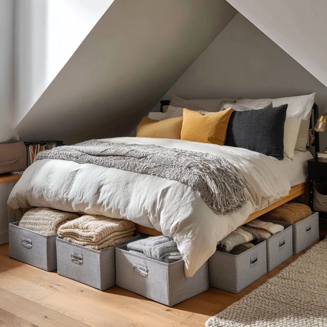 Low-profile under-bed storage boxes concealing seasonal clothing and extra linens beneath the attic bedroom bed